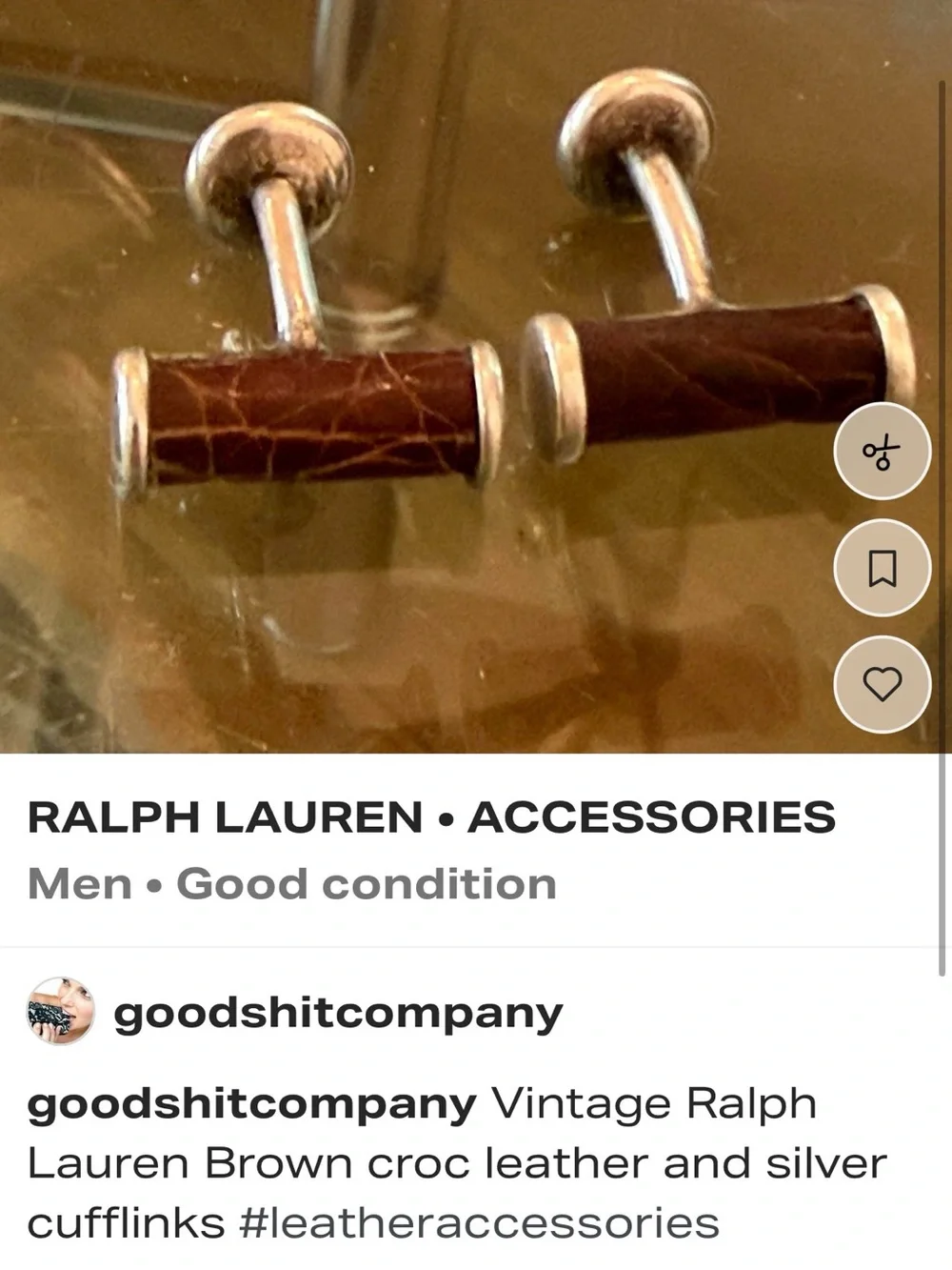 Ralf Lauren vintage crocodile Men's Brown Leather and Silver Bar Cufflinks